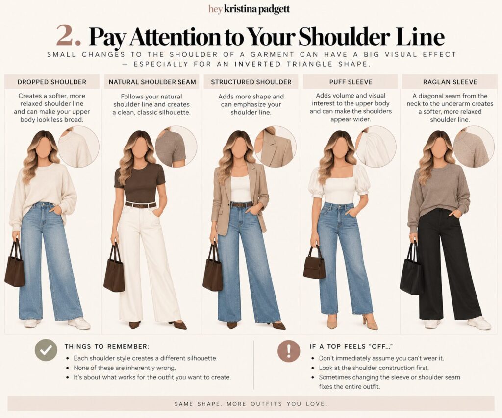 Inverted triangle body shape examples comparing dropped shoulder, natural shoulder seam, structured shoulder, puff sleeve and raglan sleeve styles