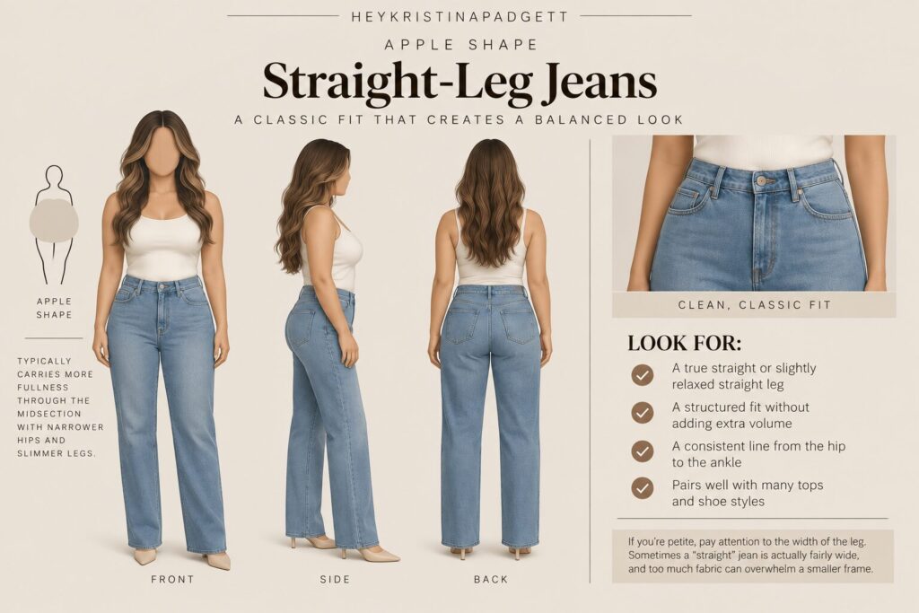 Straight-leg jeans for an apple body shape showing front, side and back fit