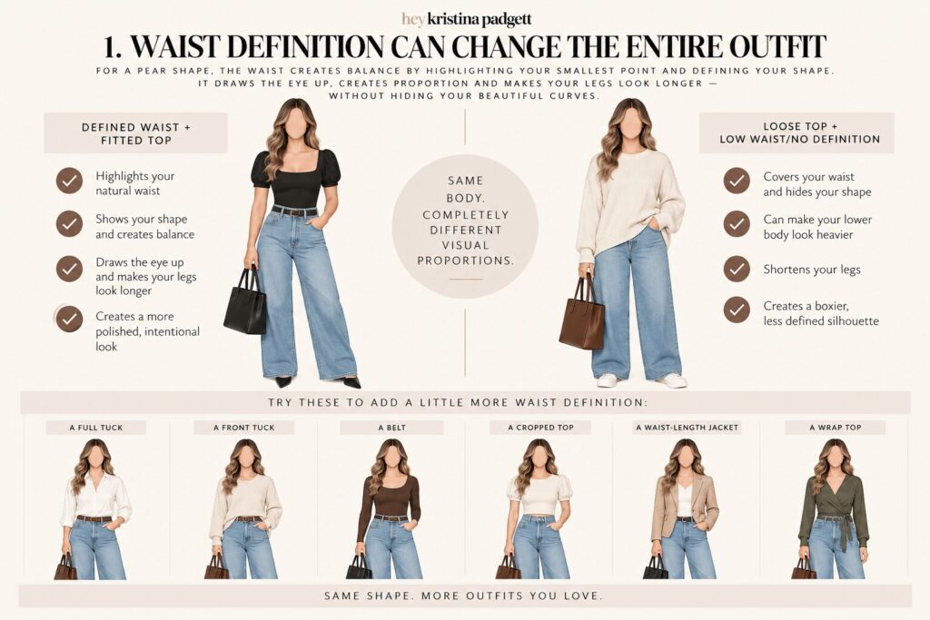 Pear body shape waist definition guide comparing a fitted, waist-defining outfit with a loose sweater and wide-leg jeans, plus styling examples including tucks, belts, cropped tops, waist-length jackets and wrap tops.