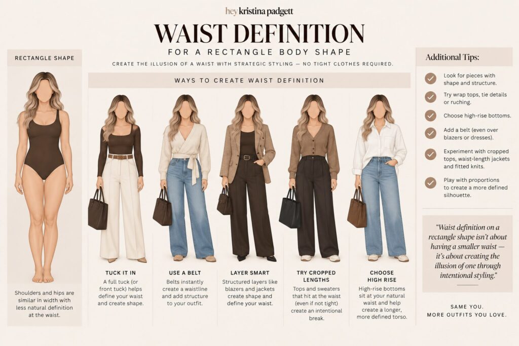 Rectangle body shape styling examples showing ways to create waist definition with tucking, belts, layers, cropped tops and high-rise bottoms
