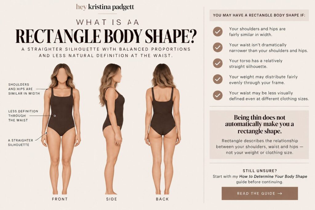 Rectangle body shape shown from the front, side and back with similar shoulder and hip width and less waist definition